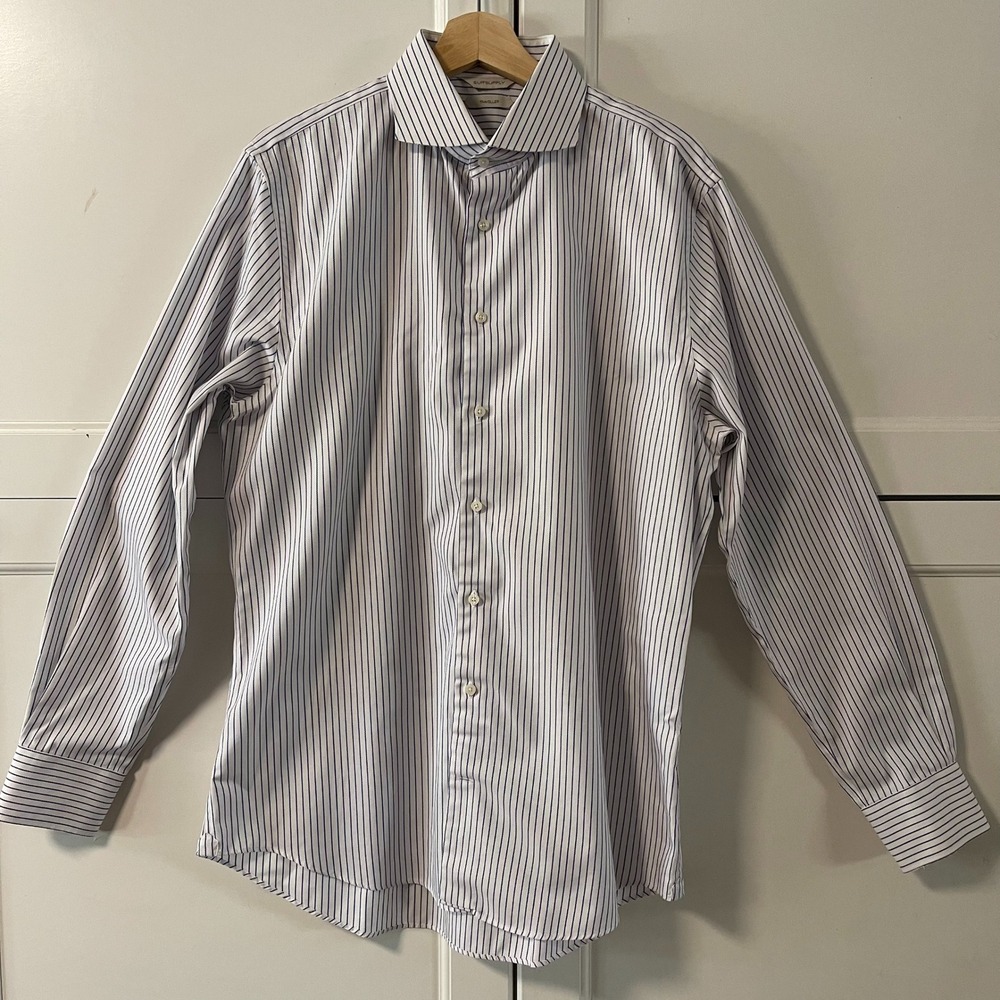 Suitsupply Traveller Dress Shirt Mens 17 43 Blue White Stripe Spread Collar Slim